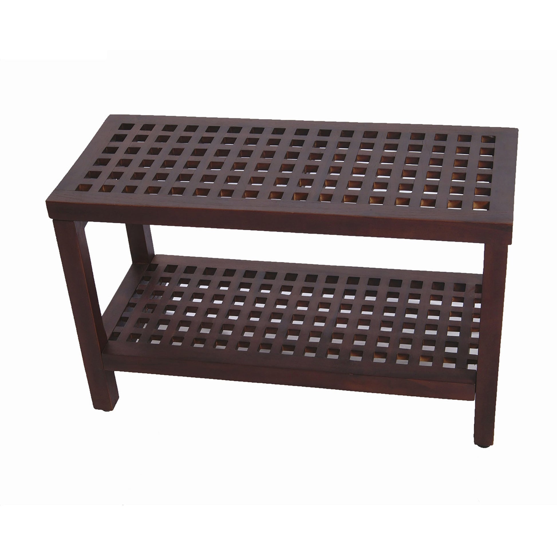Lattice Teak Shower Bench with Shelf in Brown Finish By Homeroots | Outdoor Stools & Benches | Modishstore