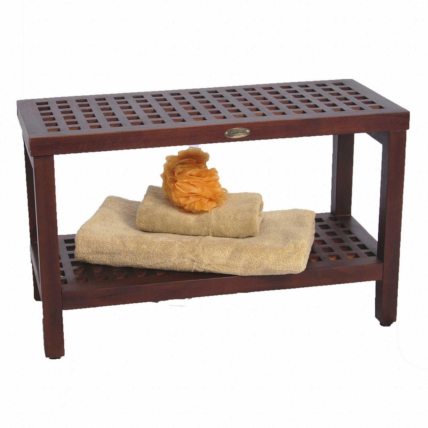 Lattice Teak Shower Bench with Shelf in Brown Finish By Homeroots | Outdoor Stools & Benches | Modishstore - 2