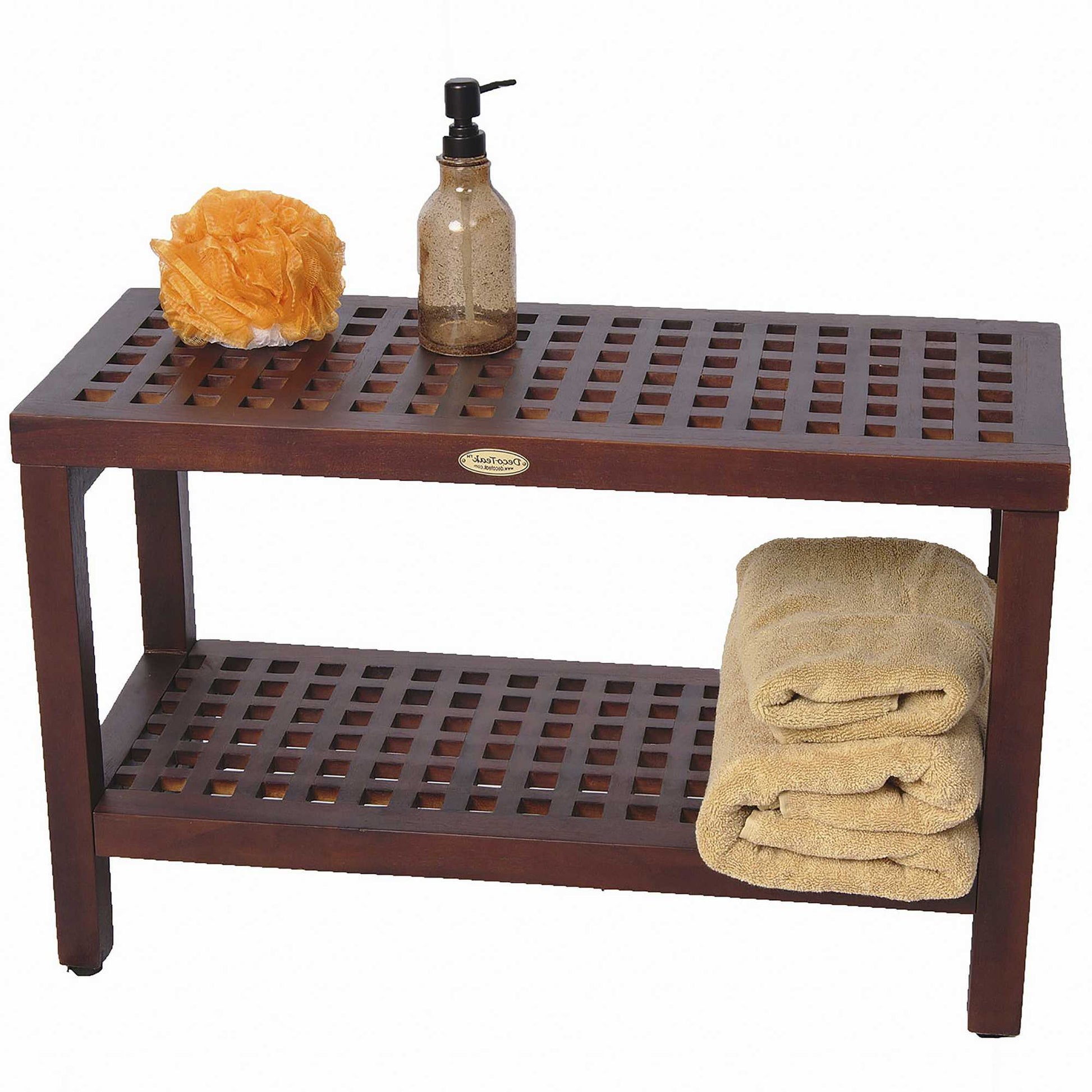 Lattice Teak Shower Bench with Shelf in Brown Finish By Homeroots | Outdoor Stools & Benches | Modishstore - 3