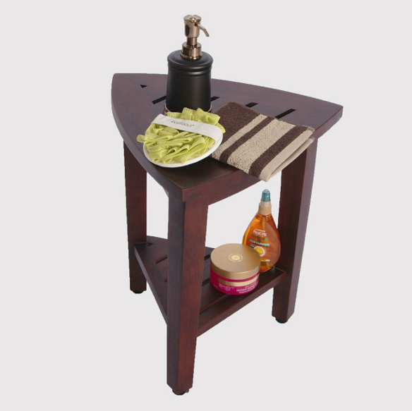 Compact Teak Corner Shower Outdoor Bench with Shelf in Brown Finish By Homeroots | Outdoor Stools & Benches | Modishstore - 4