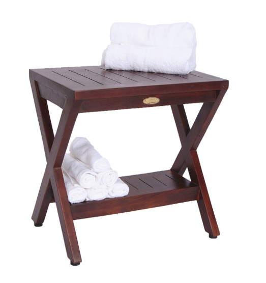 Compact X Shape Teak Shower Outdoor Bench with Shelf in Brown Finish By Homeroots | Outdoor Stools & Benches | Modishstore - 3