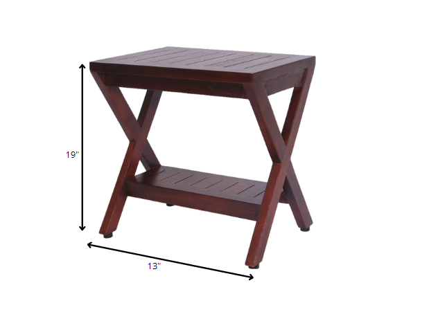 Compact X Shape Teak Shower Outdoor Bench with Shelf in Brown Finish By Homeroots | Outdoor Stools & Benches | Modishstore - 5