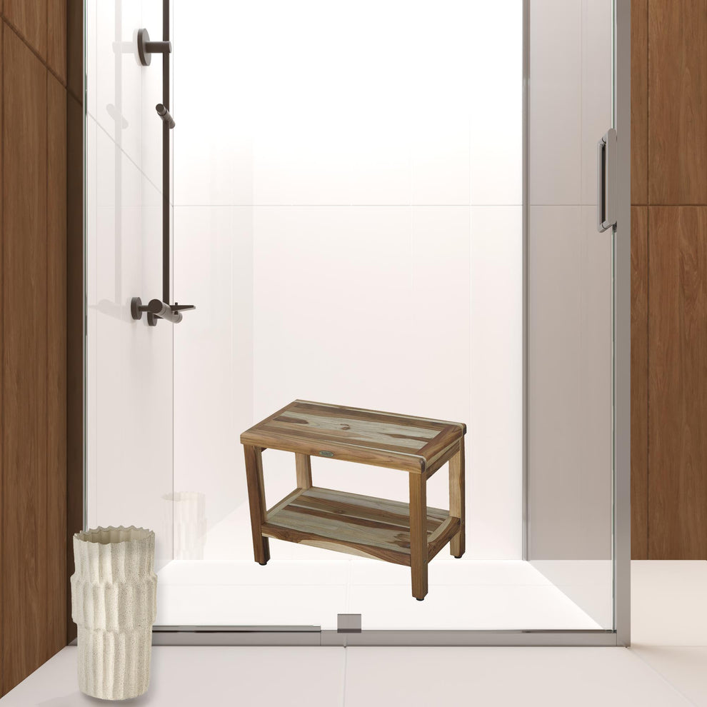 Rectangular Teak Shower Bench with Shelf in Natural Finish By Homeroots - 376699 | Outdoor Stools & Benches | Modishstore - 4