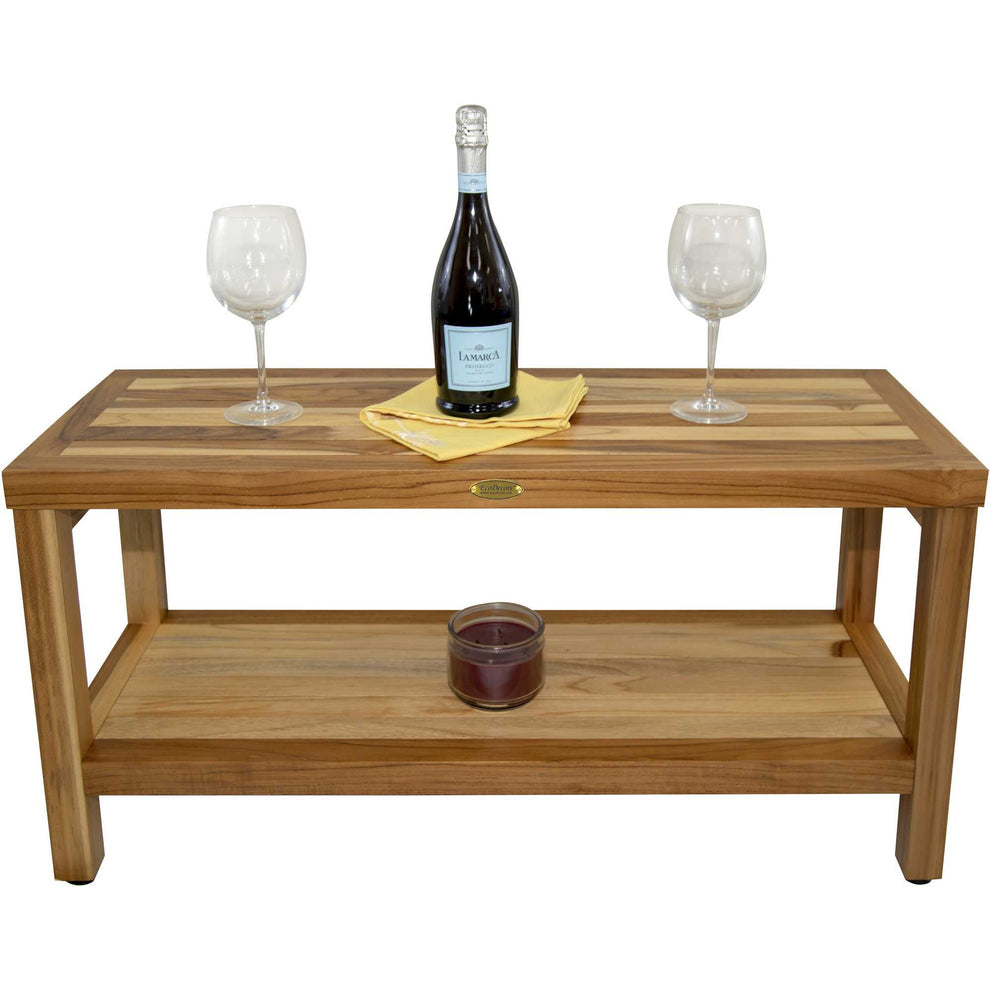 Large Rectangular Teak Bench with Shelf in Natural Finish By Homeroots | Outdoor Stools & Benches | Modishstore - 4