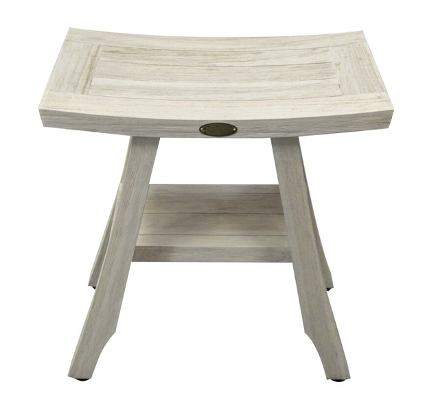 Compact Square Teak Shower Stool with Shelf in White Finish By Homeroots | Outdoor Stools & Benches | Modishstore - 2