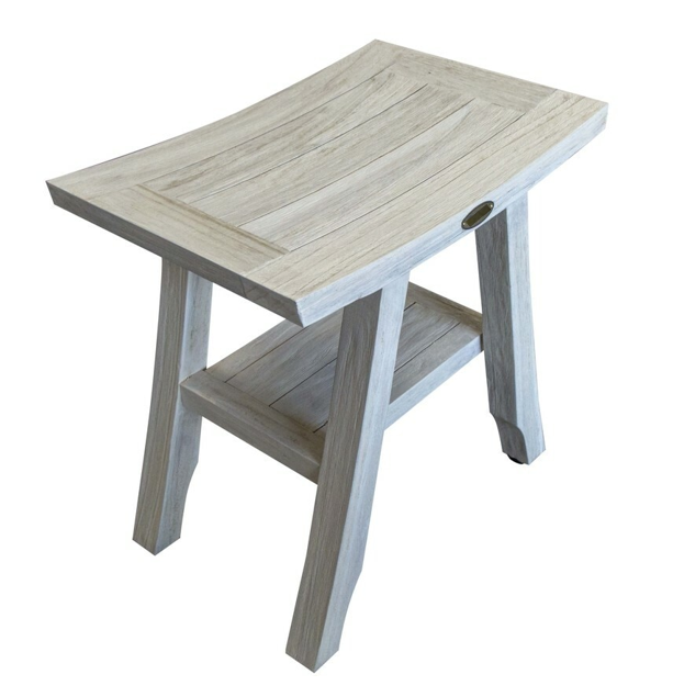 Compact Square Teak Shower Stool with Shelf in White Finish By Homeroots | Outdoor Stools & Benches | Modishstore - 3
