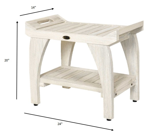 Compact Teak Shower Stool with Shelf and Handles in White Finish By Homeroots | Outdoor Stools & Benches | Modishstore - 4