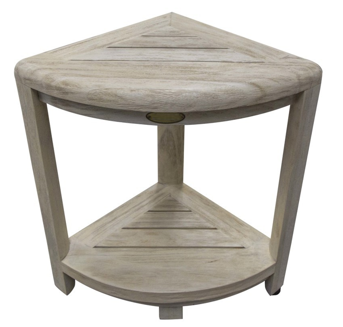 Compact Teak Corner Shower Stool with Shelf in Whitewash Driftwood By Homeroots | Outdoor Stools & Benches | Modishstore