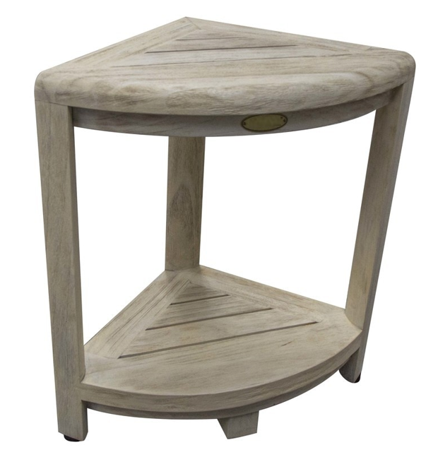 Compact Teak Corner Shower Stool with Shelf in Whitewash Driftwood By Homeroots | Outdoor Stools & Benches | Modishstore - 2
