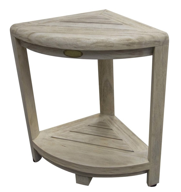 Compact Teak Corner Shower Stool with Shelf in Whitewash Driftwood By Homeroots | Outdoor Stools & Benches | Modishstore - 3