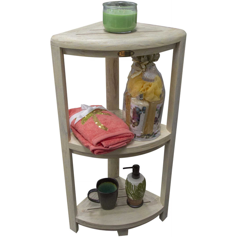 Teak Three Tier Corner Shower Shelf in White Finish By Homeroots | Shelves & Shelving Units | Modishstore
