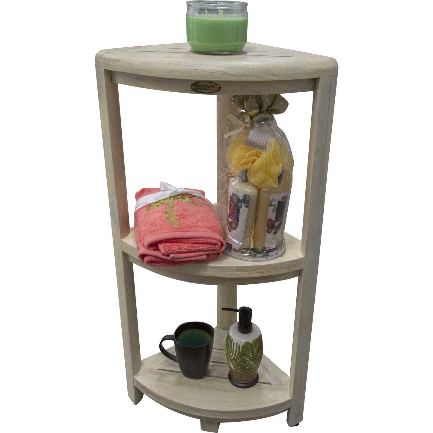 Teak Three Tier Corner Shower Shelf in White Finish By Homeroots | Shelves & Shelving Units | Modishstore - 2