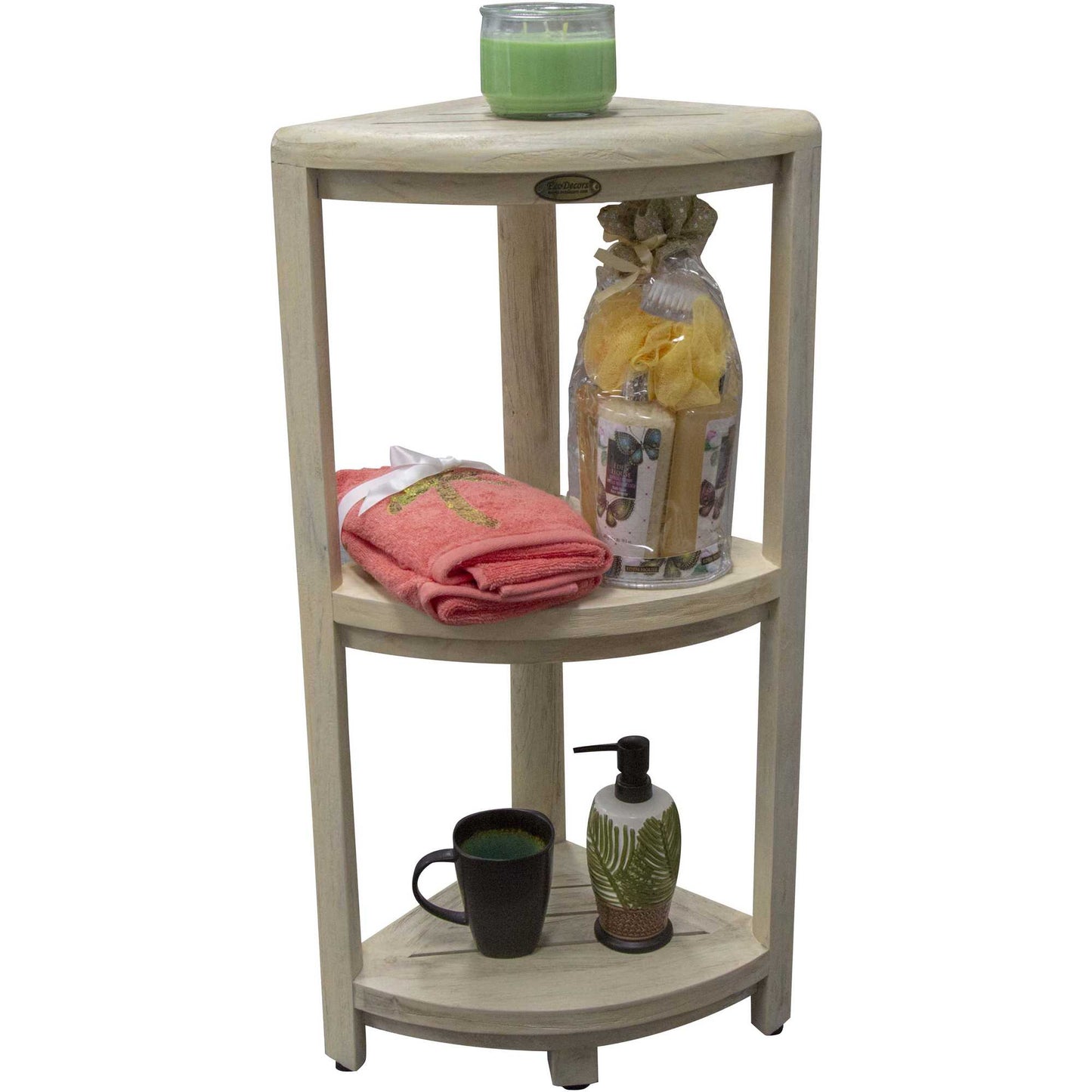 Teak Three Tier Corner Shower Shelf in White Finish By Homeroots | Shelves & Shelving Units | Modishstore - 3