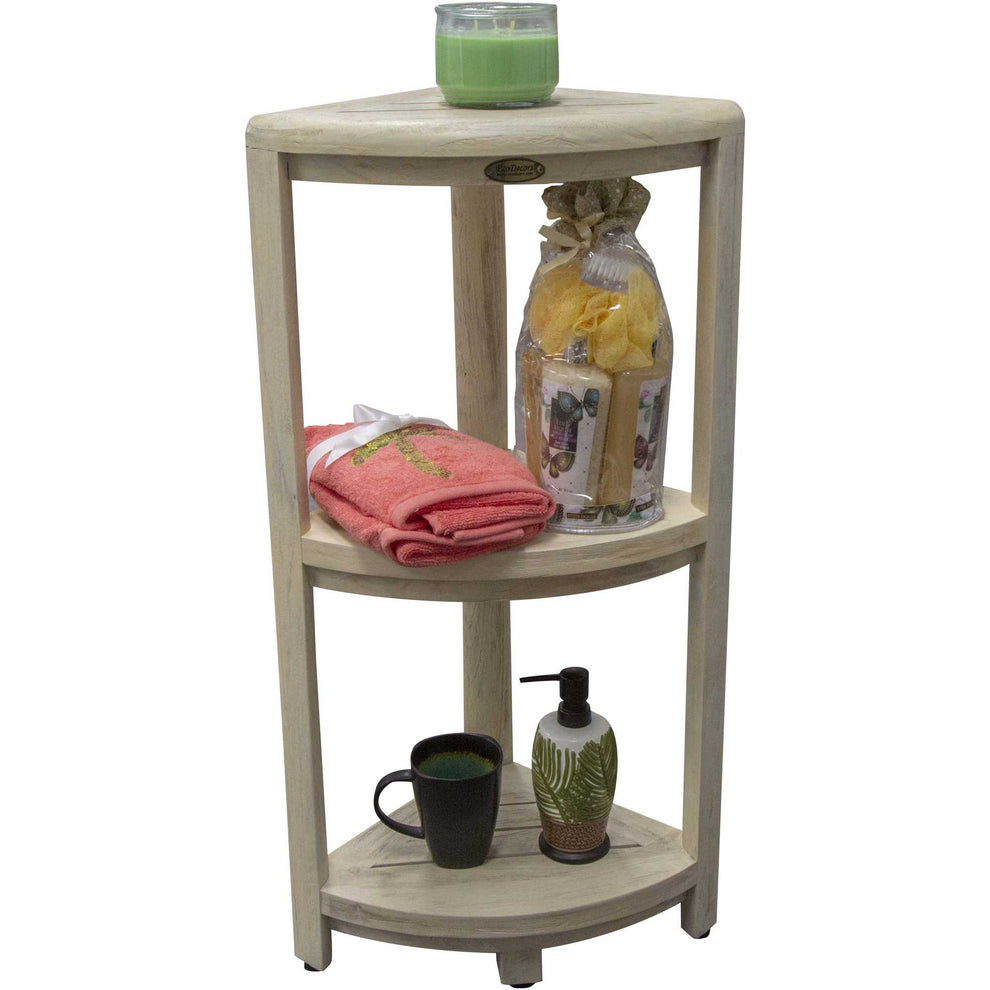 Teak Three Tier Corner Shower Shelf in White Finish By Homeroots | Shelves & Shelving Units | Modishstore - 3