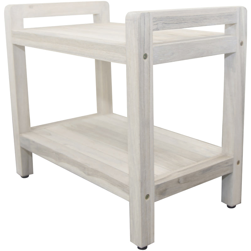 Rectangular Teak Shower Bench with Shelf and Handles in White Finish By Homeroots | Outdoor Stools & Benches | Modishstore