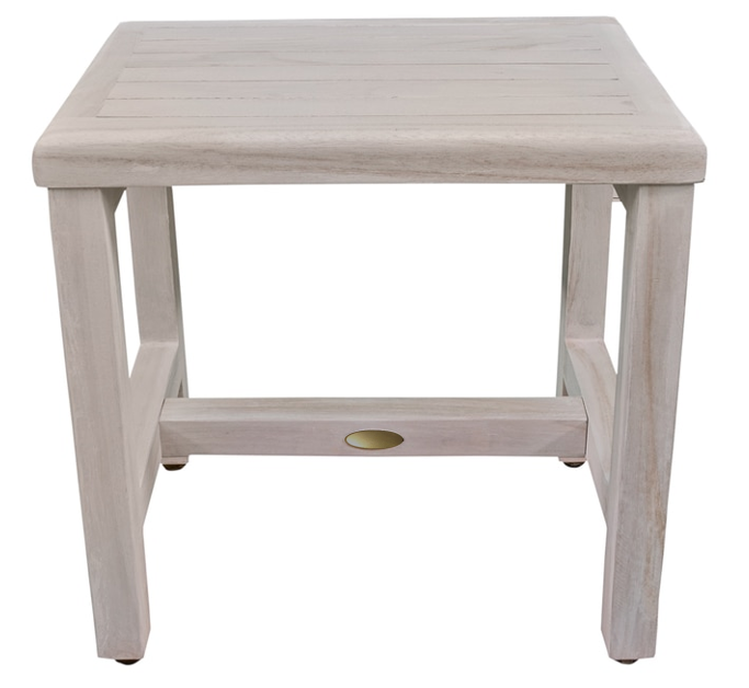 Compact Rectangular Teak Shower or Outdoor Bench in Driftwood Finish B Modish Store