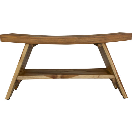 Compact Curvilinear Teak Shower Outdoor Bench with Shelf in Natural Finish By Homeroots - 376730 | Outdoor Stools & Benches | Modishstore