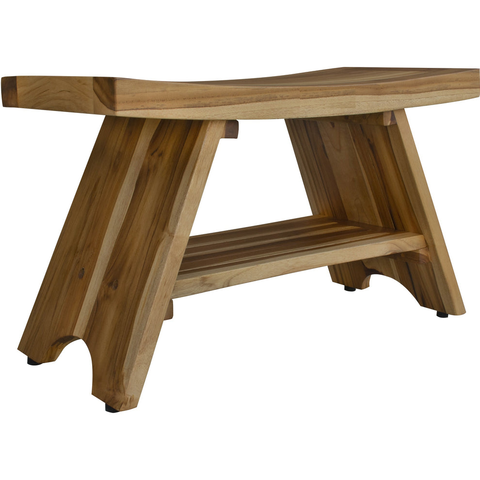 Compact Curvilinear Teak Shower Outdoor Bench with Shelf in Natural Finish By Homeroots - 376730 | Outdoor Stools & Benches | Modishstore - 2