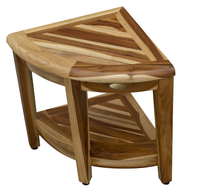 Compact Teak Wide Corner Shower Outdoor Bench with Shelf in Natural Finish By Homeroots | Outdoor Stools & Benches | Modishstore - 2