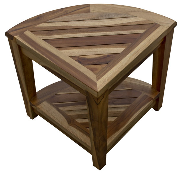Compact Teak Wide Corner Shower Outdoor Bench with Shelf in Natural Finish By Homeroots | Outdoor Stools & Benches | Modishstore - 4