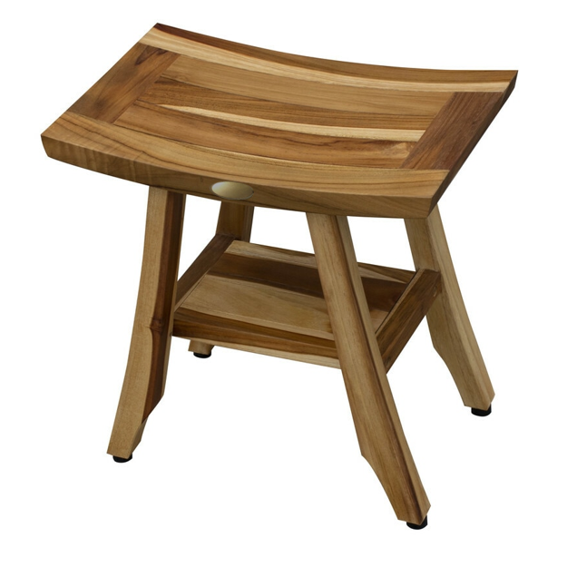 Compact Rectangular Teak Shower Outdoor Bench with Shelf in Natural Finish By Homeroots - 376744 | Outdoor Stools & Benches | Modishstore