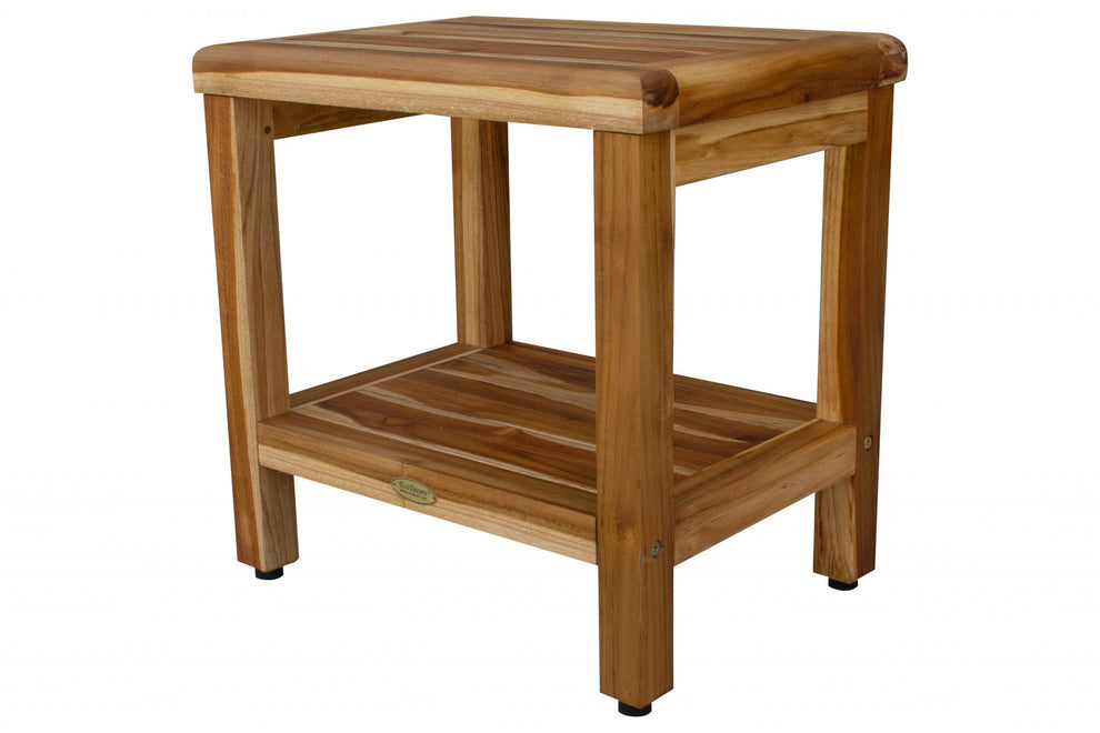 18" Contemporary Teak Shower Stool or Bench with Shelf in Natural Finish By Homeroots | Outdoor Stools & Benches | Modishstore - 2