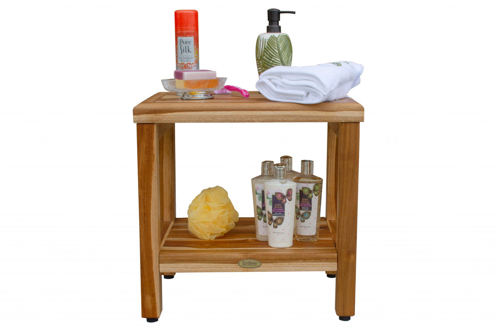 18" Contemporary Teak Shower Stool or Bench with Shelf in Natural Finish By Homeroots | Outdoor Stools & Benches | Modishstore - 6