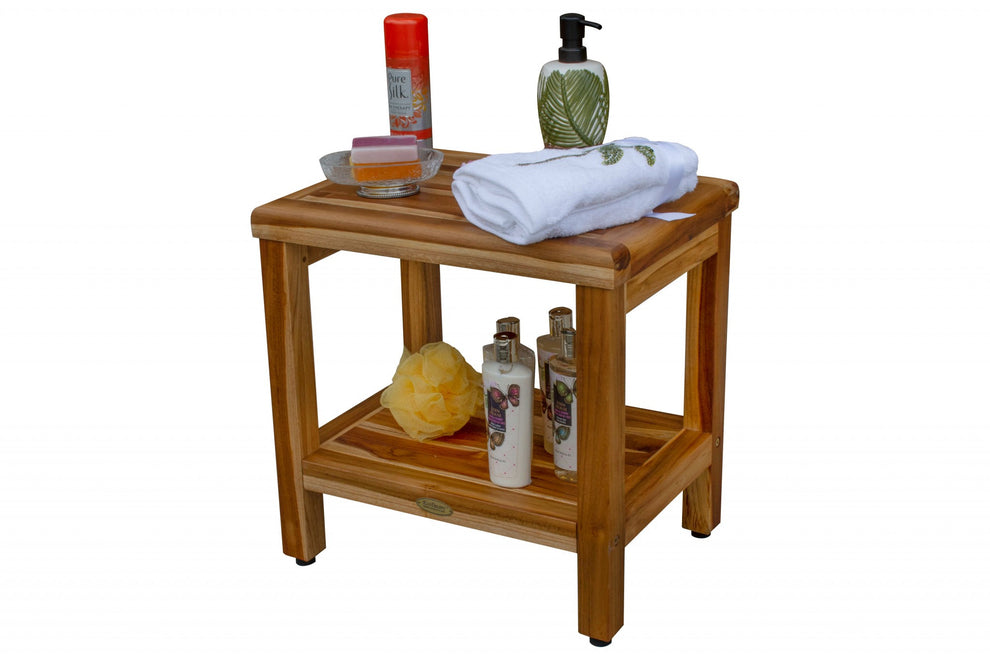 18" Contemporary Teak Shower Stool or Bench with Shelf in Natural Finish By Homeroots | Outdoor Stools & Benches | Modishstore - 7