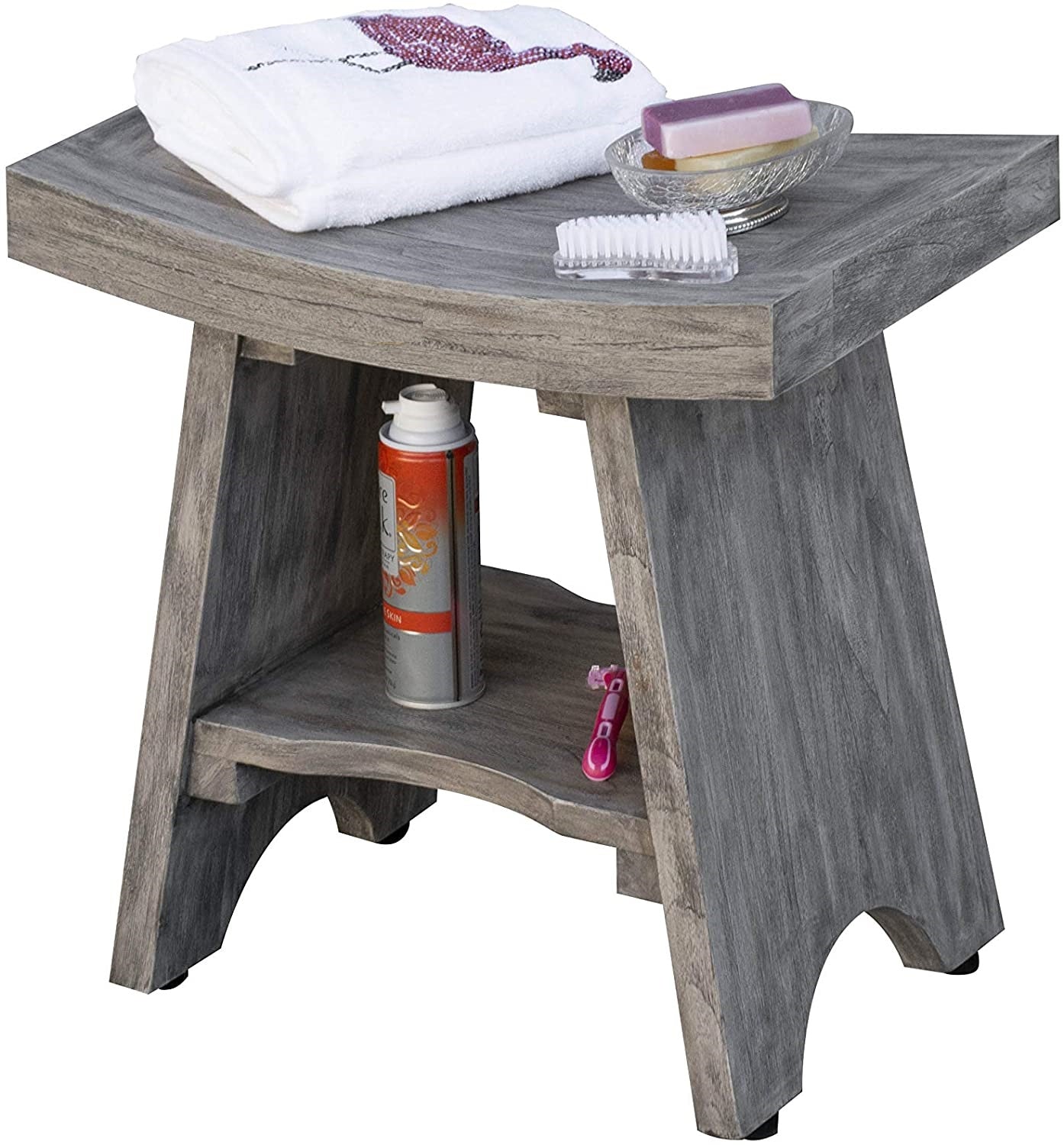 Contemporary Teak Shower or Bench with Shelf in Gray Finish By Homeroots | Outdoor Stools & Benches | Modishstore - 6