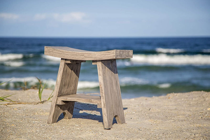 Contemporary Teak Shower or Bench with Shelf in Gray Finish By Homeroots | Outdoor Stools & Benches | Modishstore