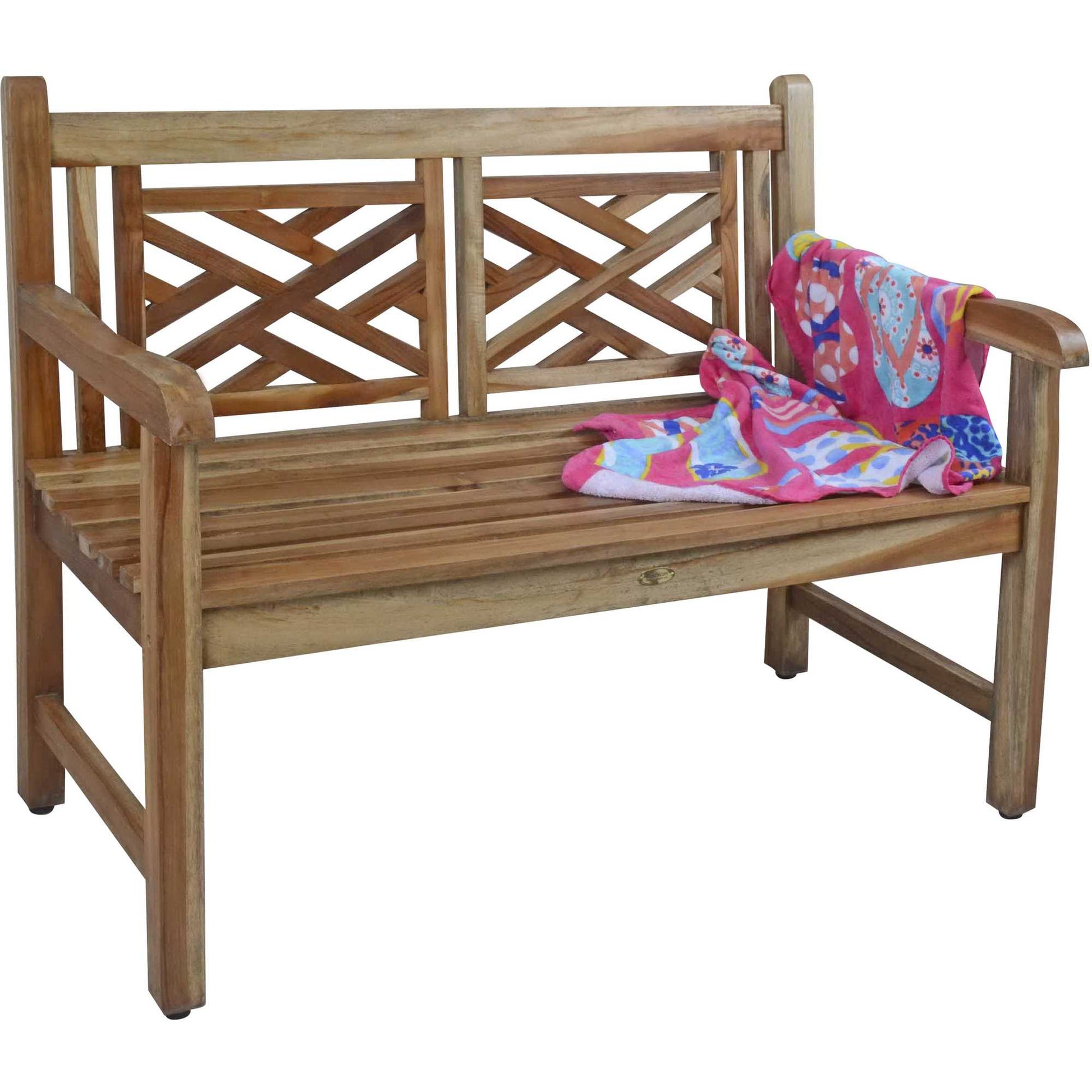 Compact Teak Outdoor Bench with Lattice Design in Natural Finish By Homeroots | Outdoor Stools & Benches | Modishstore - 2