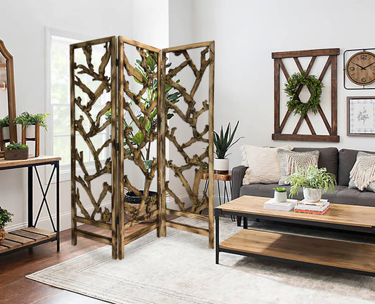 Rustic Earthy Wood Root Three Panel Room Divider Screen By Homeroots | Room Dividers | Modishstore