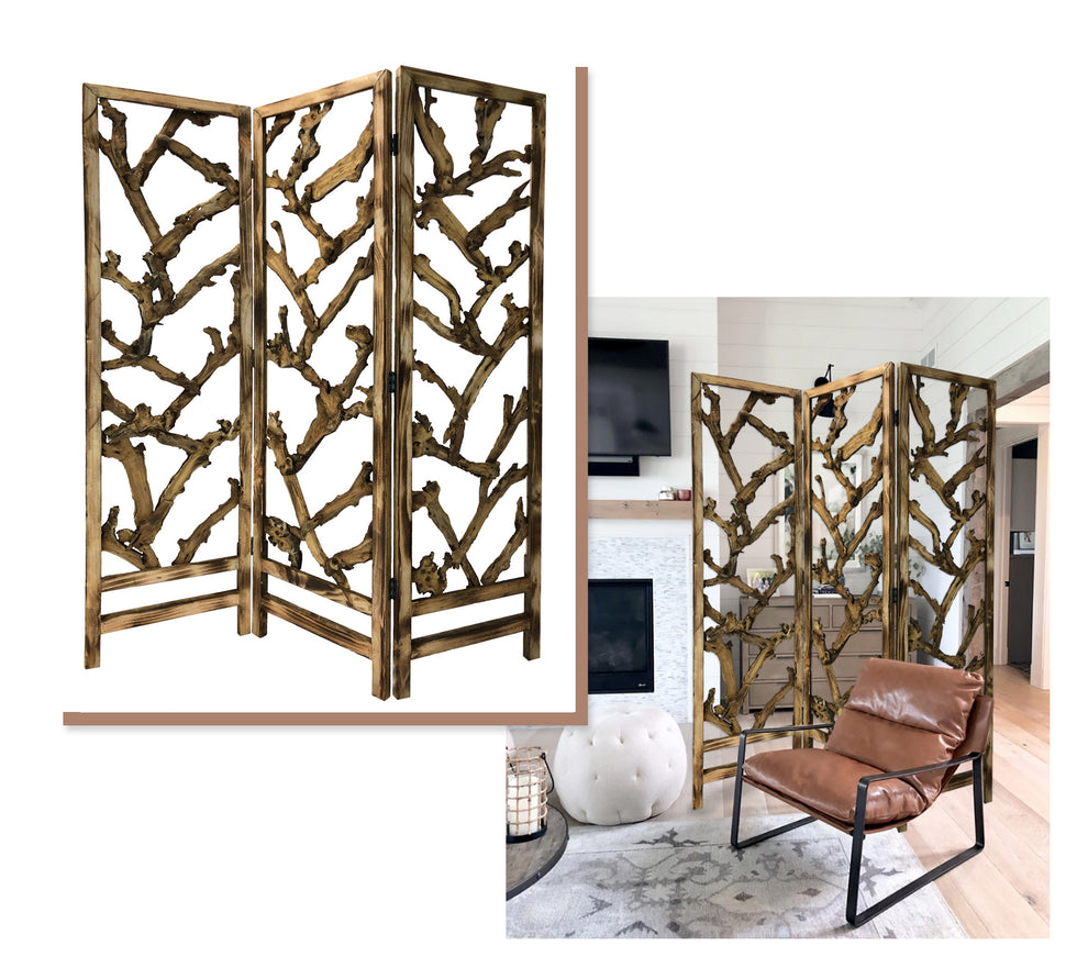 Rustic Earthy Wood Root Three Panel Room Divider Screen By Homeroots | Room Dividers | Modishstore - 2