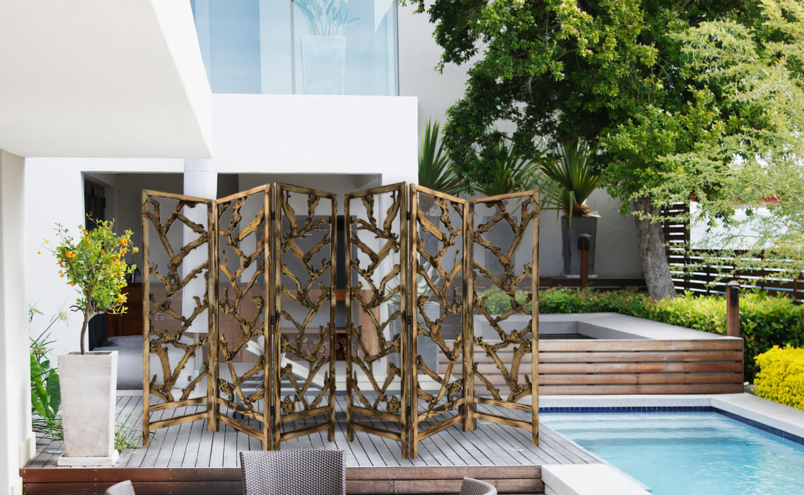 Rustic Earthy Wood Root Three Panel Room Divider Screen By Homeroots | Room Dividers | Modishstore - 3