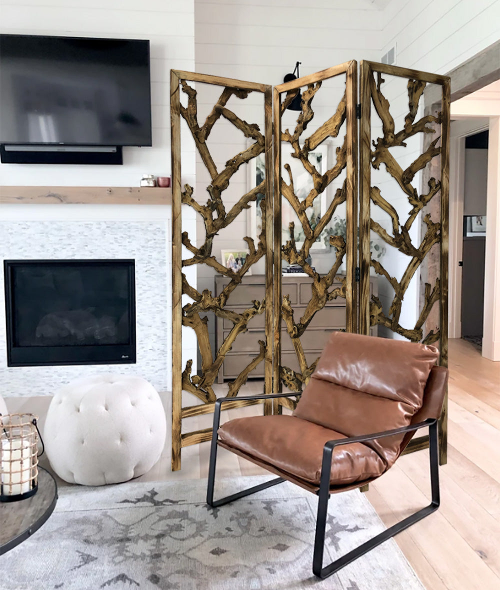 Rustic Earthy Wood Root Three Panel Room Divider Screen By Homeroots | Room Dividers | Modishstore - 4