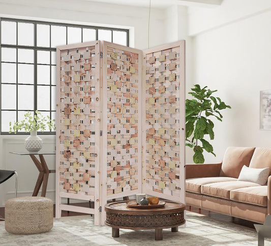 3 Panel Pink Room Divider with Cut Square Wood Design By Homeroots | Room Dividers | Modishstore - 3