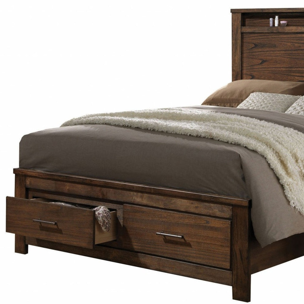 Oak Finish Queen Bed With Storage Headboard And Footboard By Homeroots | Beds | Modishstore - 4