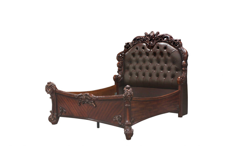 Queen Size Elaborately Carved Cherry Wood Finish Bed With Tufted Dark Faux Leather Headboard By Homeroots | Beds | Modishstore