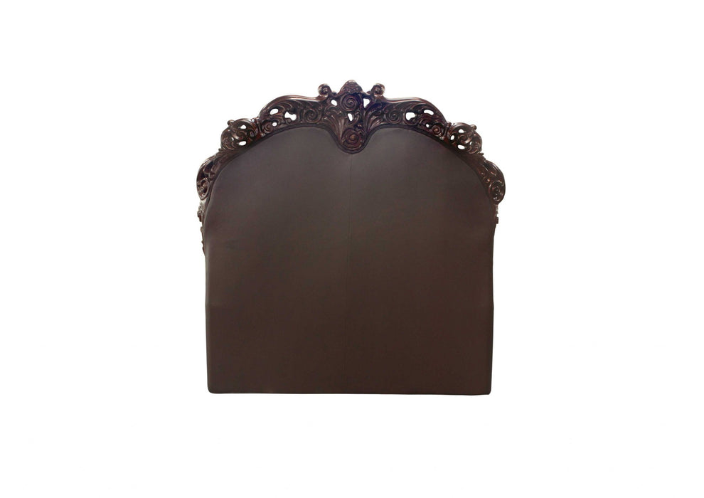 Queen Size Elaborately Carved Cherry Wood Finish Bed With Tufted Dark Faux Leather Headboard By Homeroots | Beds | Modishstore - 2