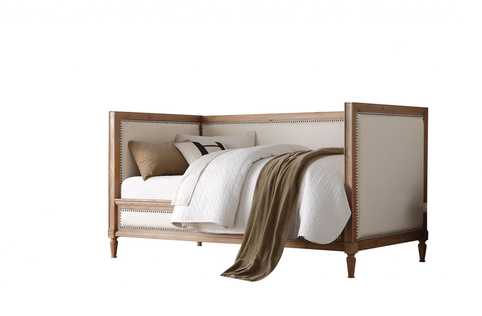 Oak And Linen Nail Head Trim Twin Daybed By Homeroots | Daybeds | Modishstore - 2