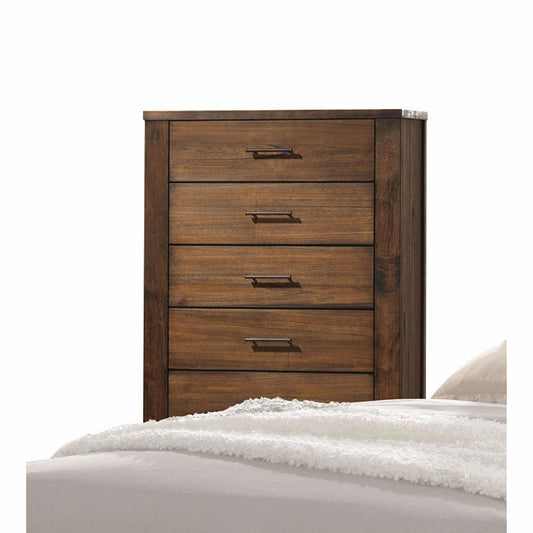 48' Oak Finish 5 Drawer Chest Dresser With Brass Metal Hardware By Homeroots
