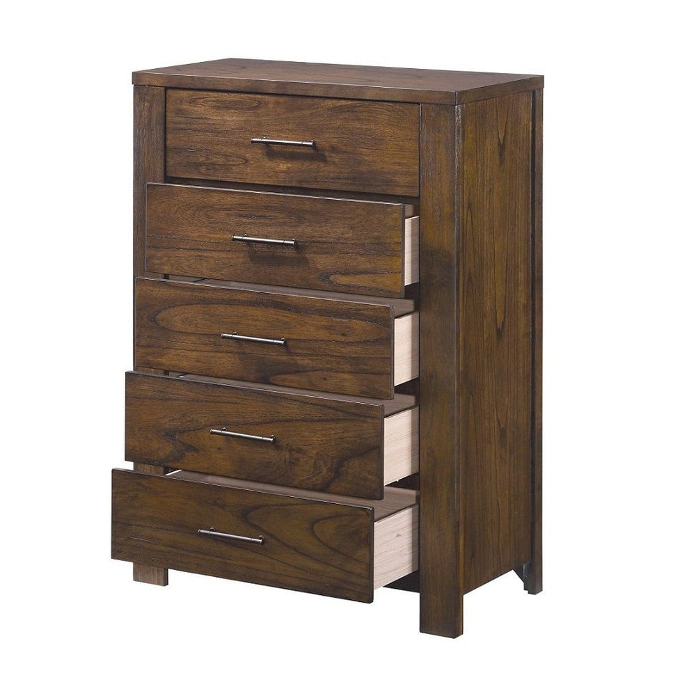 48' Oak Finish 5 Drawer Chest Dresser With Brass Metal Hardware By Homeroots | Dressers | Modishstore - 3