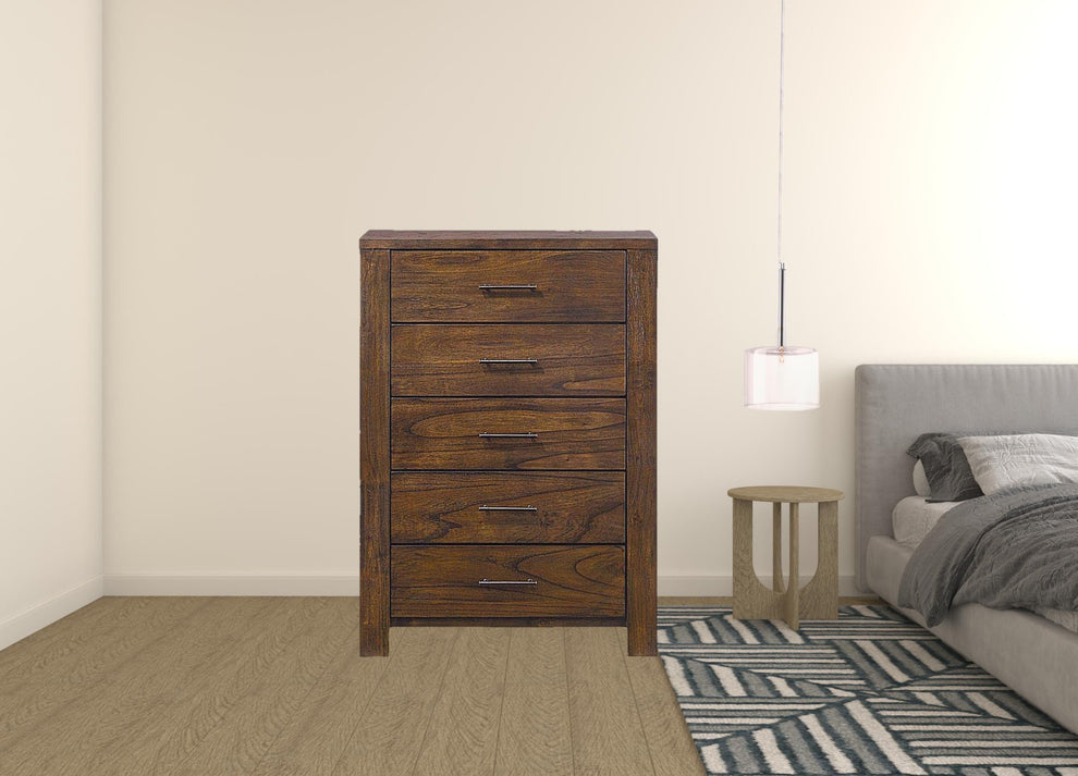 48' Oak Finish 5 Drawer Chest Dresser With Brass Metal Hardware By Homeroots | Dressers | Modishstore - 4