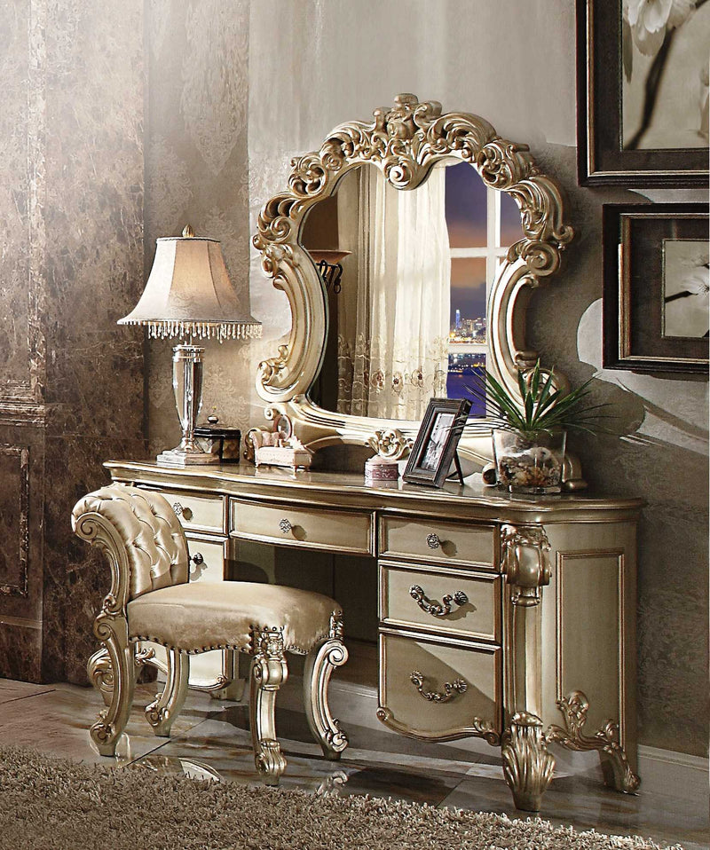 Elaborate Carved Gold Patina Finish Desk Vanity Dressing Table with 7 Drawers By Homeroots Elaborate Carved Gold Patina Finish Desk Vanity Dressing Table with 7 Drawers By Homeroots