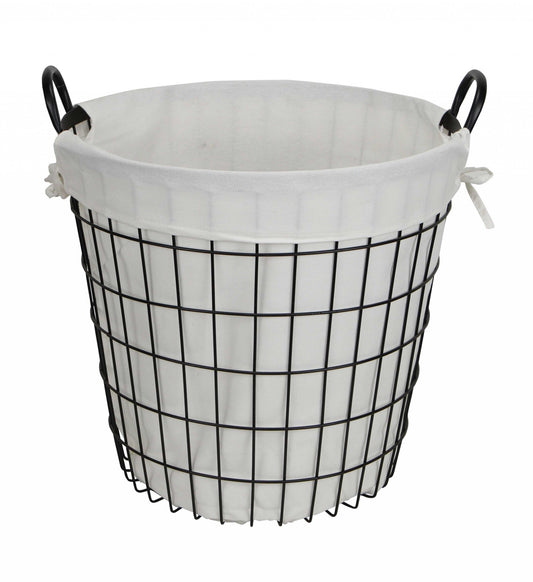 White Fabric Lined Metal Laundry Type Basket With Handle By Homeroots | Bins, Baskets & Buckets | Modishstore
