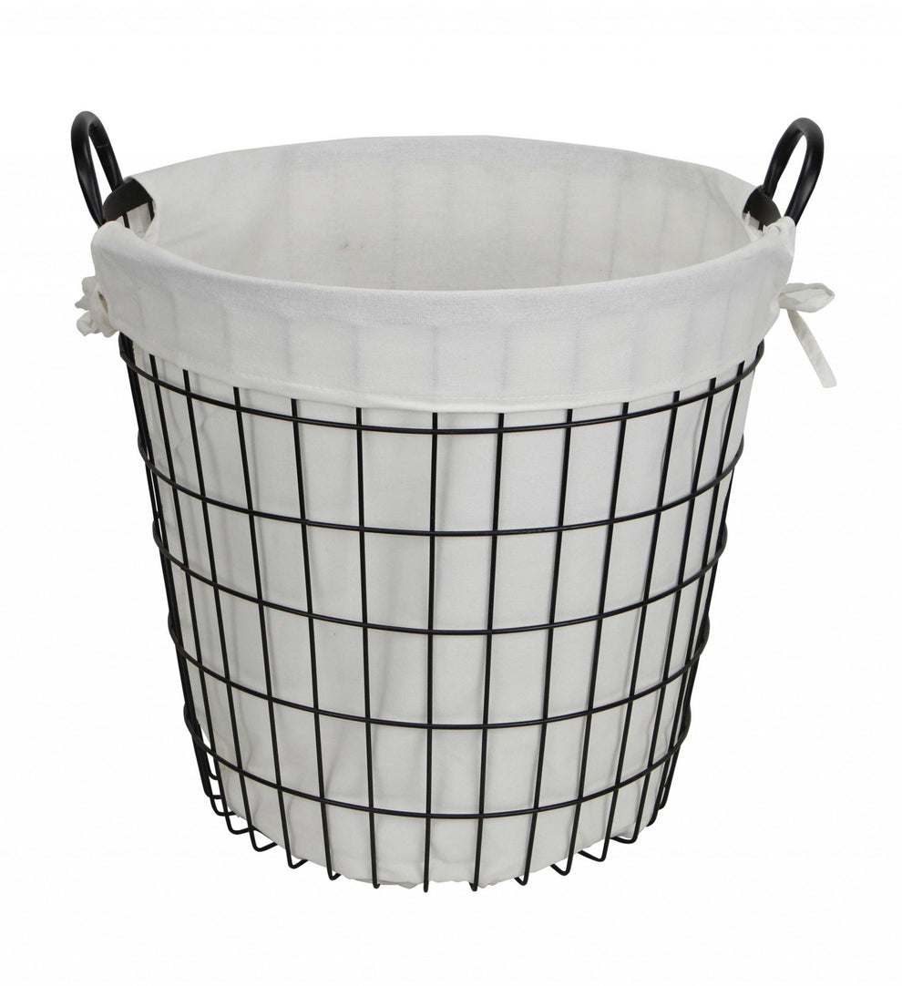 White Fabric Lined Metal Laundry Type Basket With Handle By Homeroots | Bins, Baskets & Buckets | Modishstore - 2