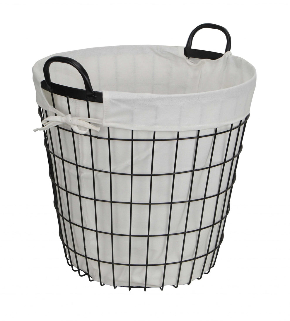 White Fabric Lined Metal Laundry Type Basket With Handle By Homeroots | Bins, Baskets & Buckets | Modishstore - 3