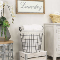White Fabric Lined Metal Laundry Type Basket With Handle By Homeroots