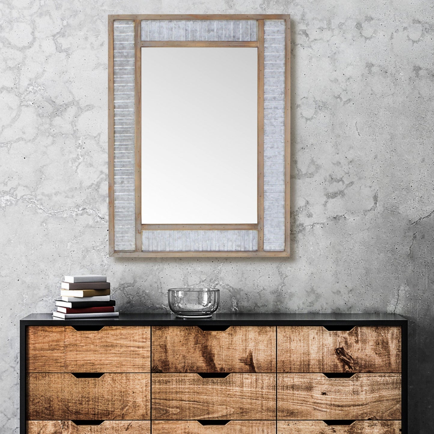 Modern Farmhouse Rectangular Wood and Galvanized Metal Wall Mirror By Homeroots | Mirrors | Modishstore - 5