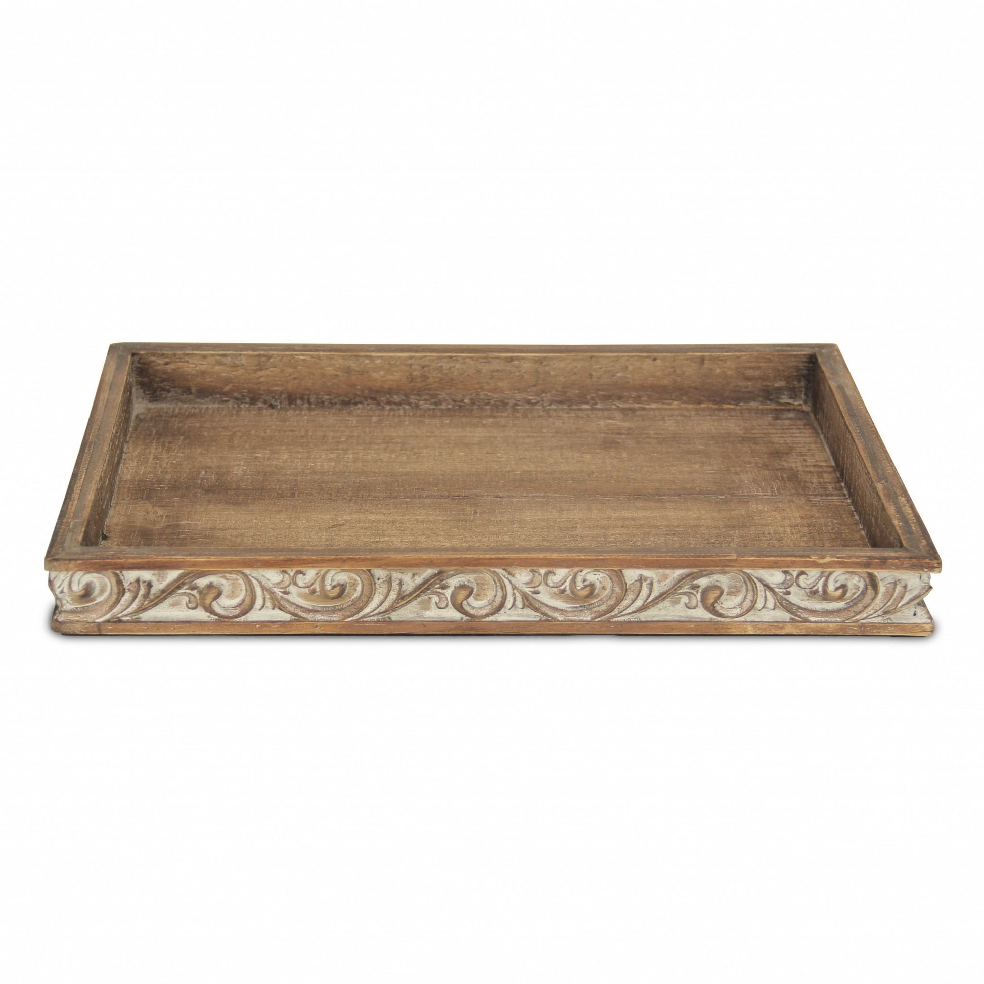 Distressed Finish Wood Tray With Side Carvings By Homeroots | Trays | Modishstore